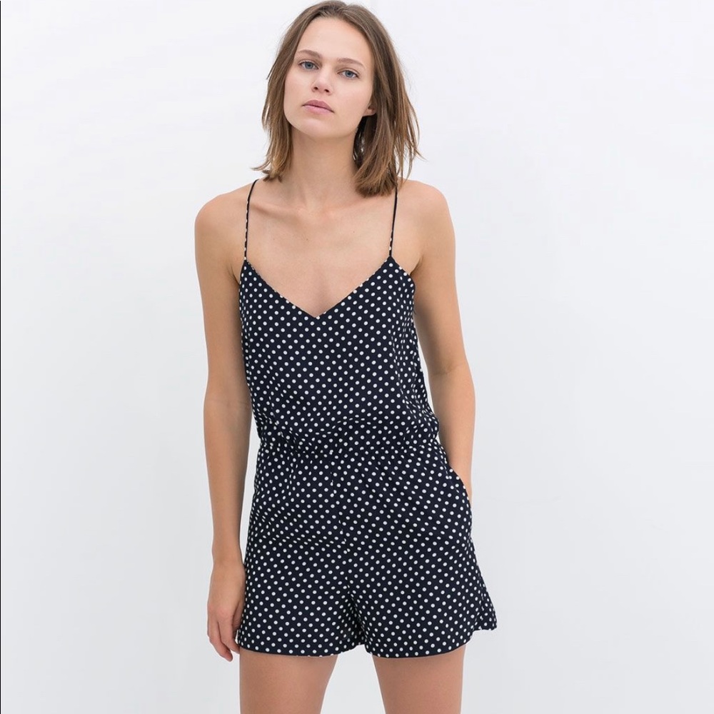 1 Zara navy polka dot romper sexy back, pockets